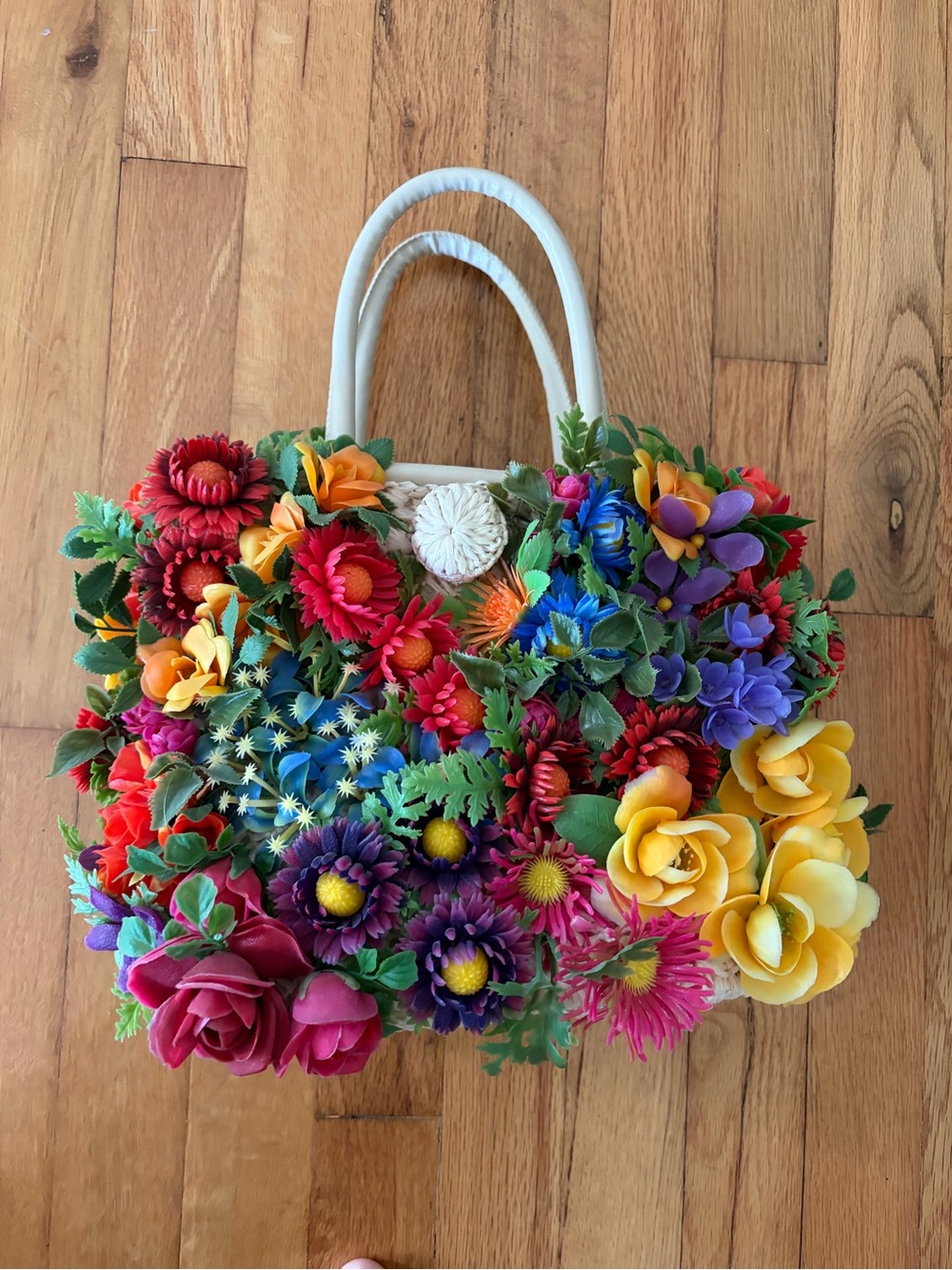 White Floral Appliqué Tote Bag with Multicolor Flowers
